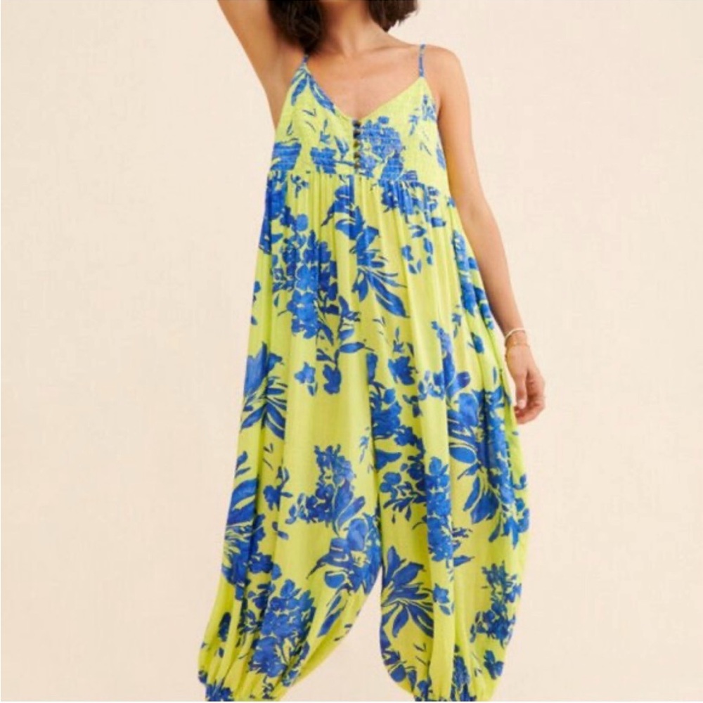 Anthropologie Lime and Cobalt Leaf Print jumpsuit - Picture 4 of 6